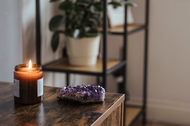 Amethyst crystal on a table